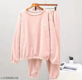 Pink woolen womens nightsuit classic plain with long sleeves and printed net detail, size S (32-26-28-36), made in India